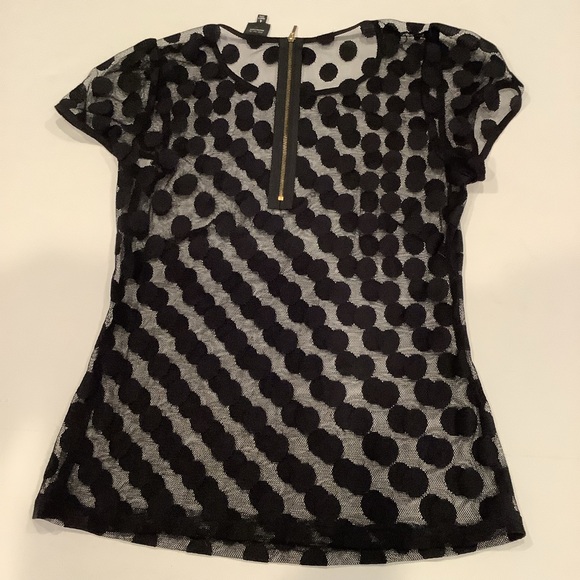 Black Saks Fifth Avenue Sheer Black Short Sleeve Blouse Top Polka Dots Size 4 - Picture 2 of 5